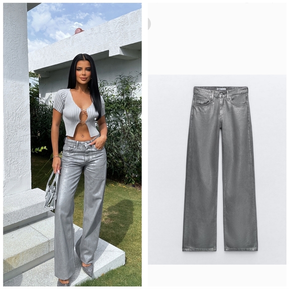 Zara Metallic Wide Leg Jeans Gray - Picture 2 of 16
